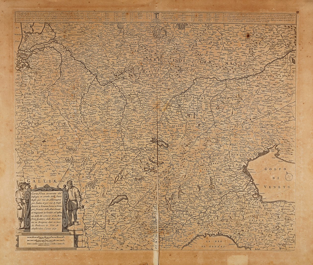 Keski-Pohjois-Eurooppa ja Pohjois-Italia, Kartta Frederik de Wit, Amsterdam, Kuparikaiverrus tekijältä Frederick de Wit