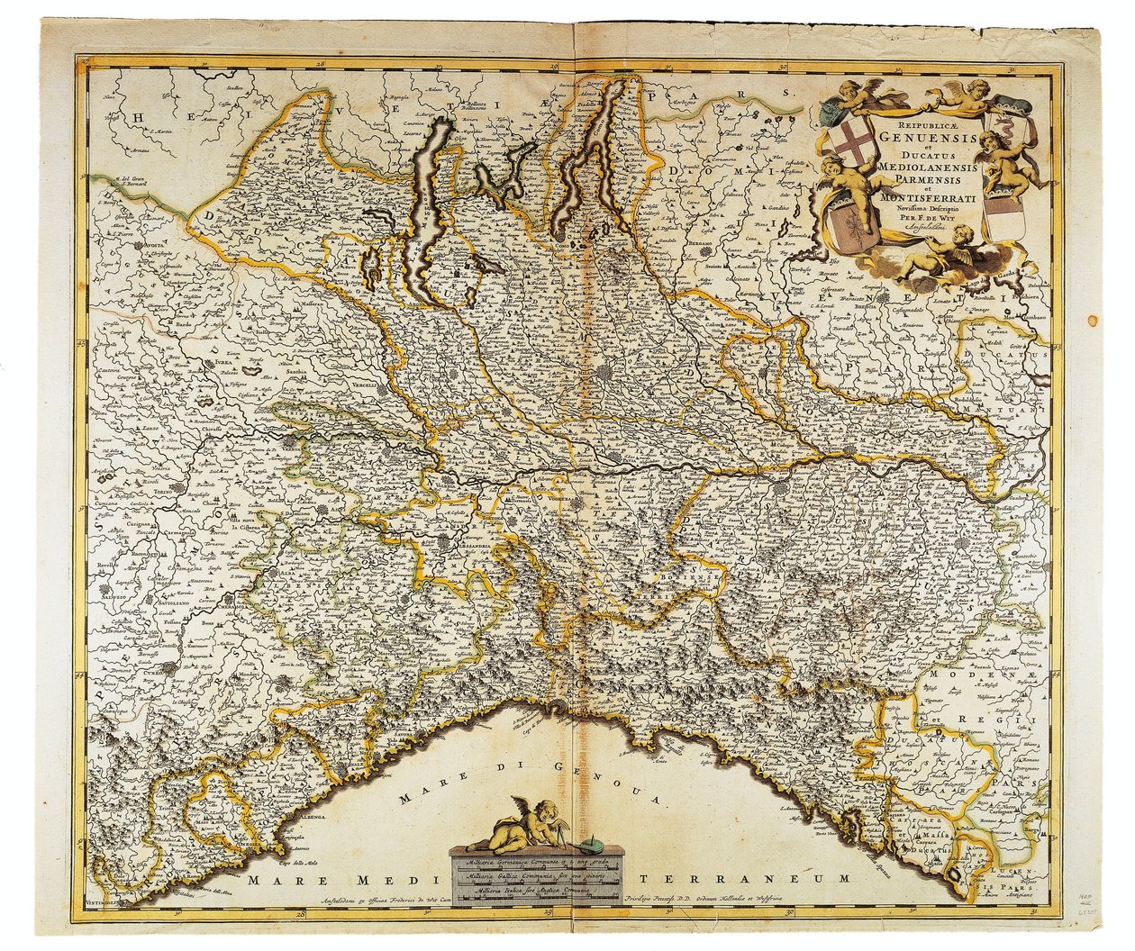 Genovan tasavalta, Milanon herttuakunta, Parma ja Monferrato, Frederik de Witin kartta, Amsterdam, Kuparikaiverrus tekijältä Frederick de Wit