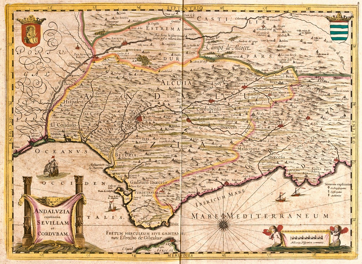 Andalusian kartta, jossa on Sevilla ja Cordoba (Espanja) (etsaus tekijältä Frederick de Wit