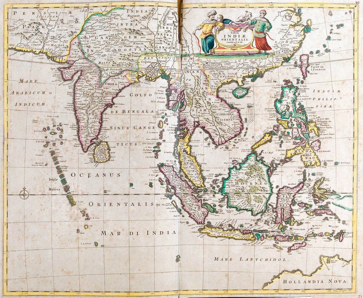 Itä-Intian kartta (Etelä- ja Kaakkois-Aasia: Pakistan, Intia, Nepal, Bangladesh, Burma, Sri Lanka, Thaimaa, Malesia, Vietnam, Kambodža, Laos, Filippiinit, Singapore ja Indonesia) (etsaus tekijältä Frederick de Wit