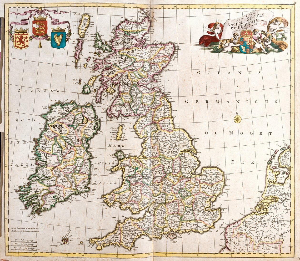 Englannin, Skotlannin ja Irlannin (Iso-Britannia) kartta (etsaus tekijältä Frederick de Wit