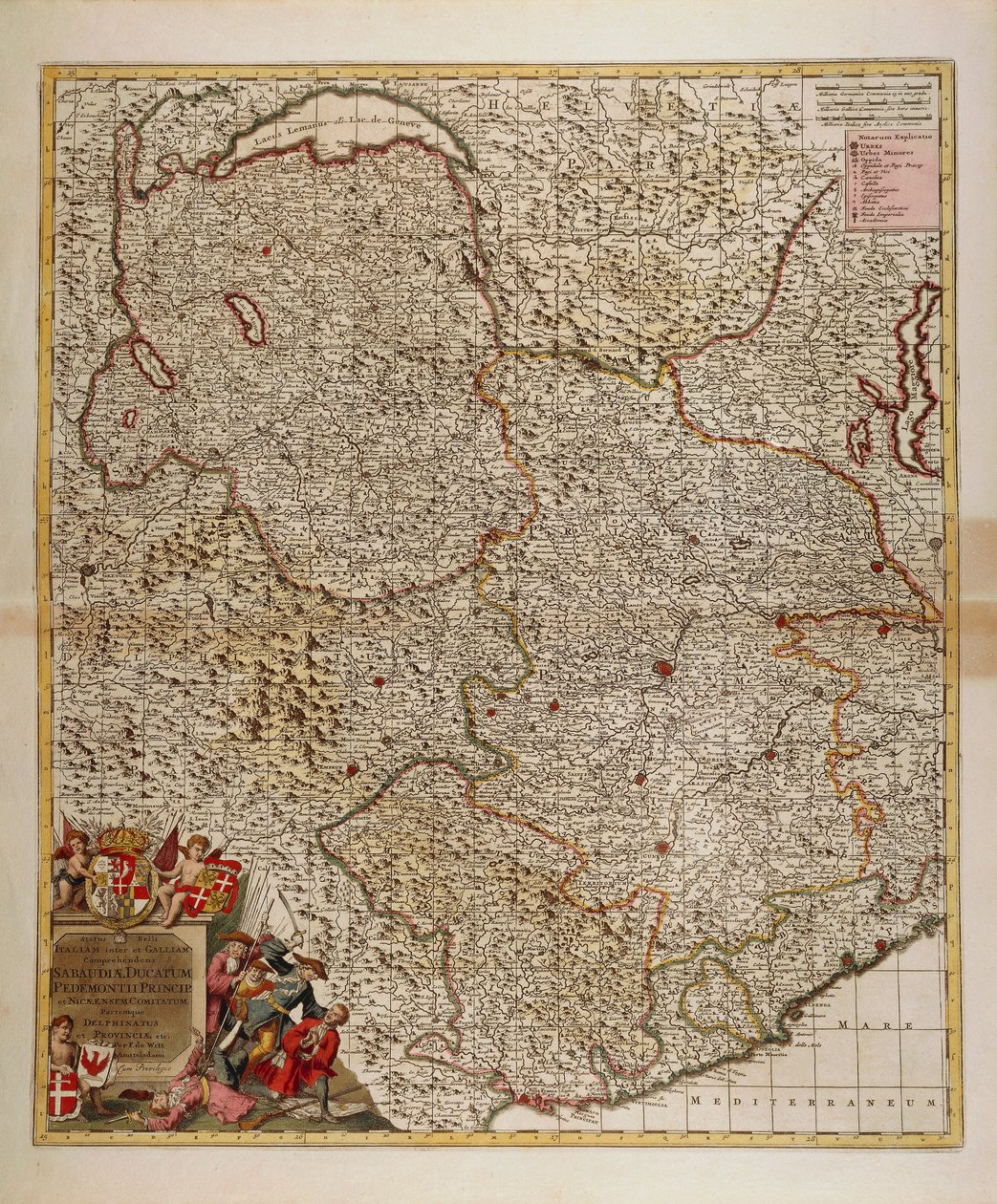 Kartta Ranskan, Sveitsin ja Italian alppi- ja Transalpiinialueista ja Länsi-Ligurian alueesta, Kartta Frederik de Wit, Atlas Sive Descriptio Terrarum Orbis tekijältä Frederick de Wit