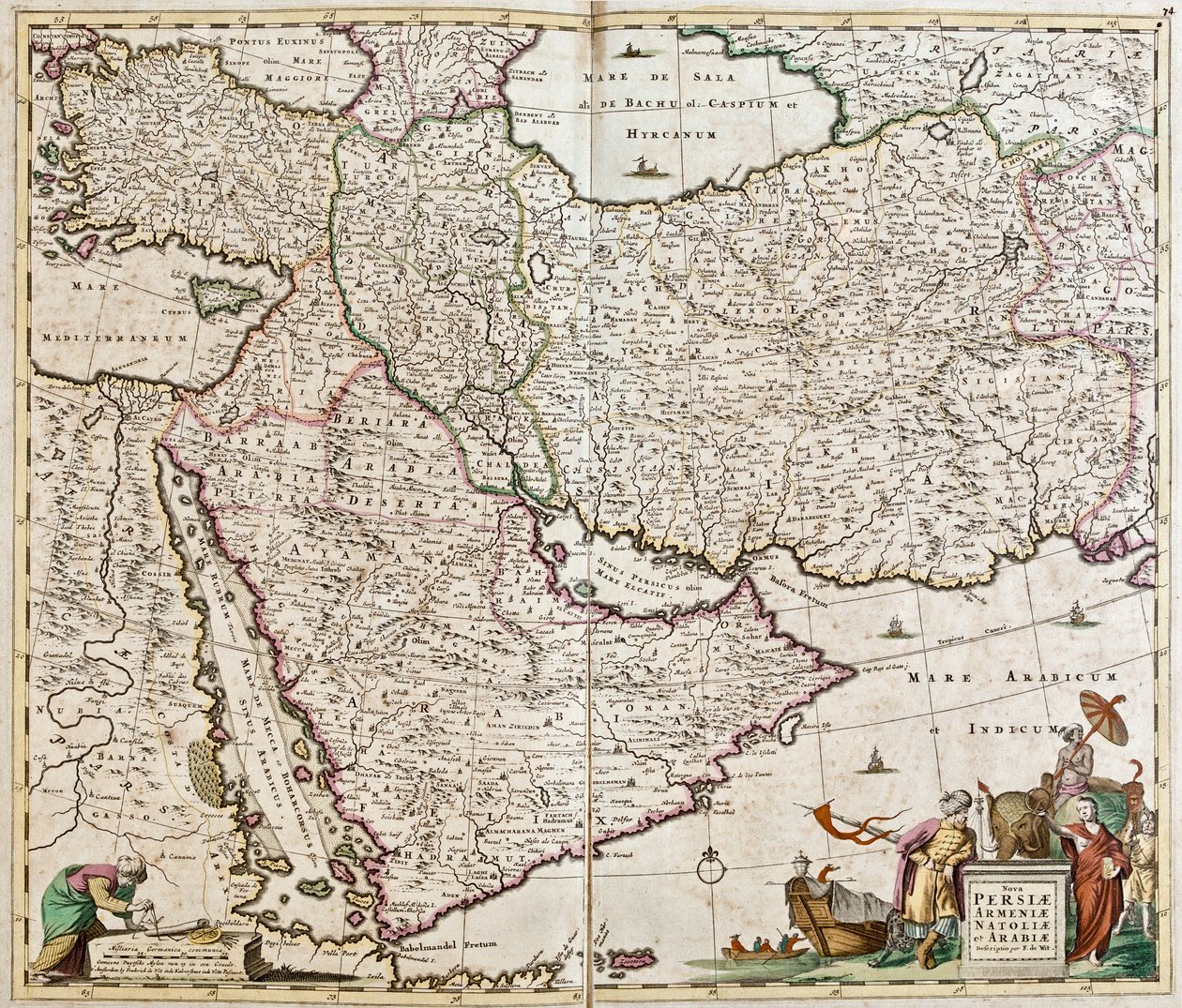 Persian (Iran), Armenian, Anatolian (Turkki) ja Arabian (Arabian niemimaa: Saudi-Arabia, Kuwait, Yhdistyneet arabiemiirikunnat, Oman, Qatar, Jemen, Bahrain) kartta (etsaus) tekijältä Frederick de Wit