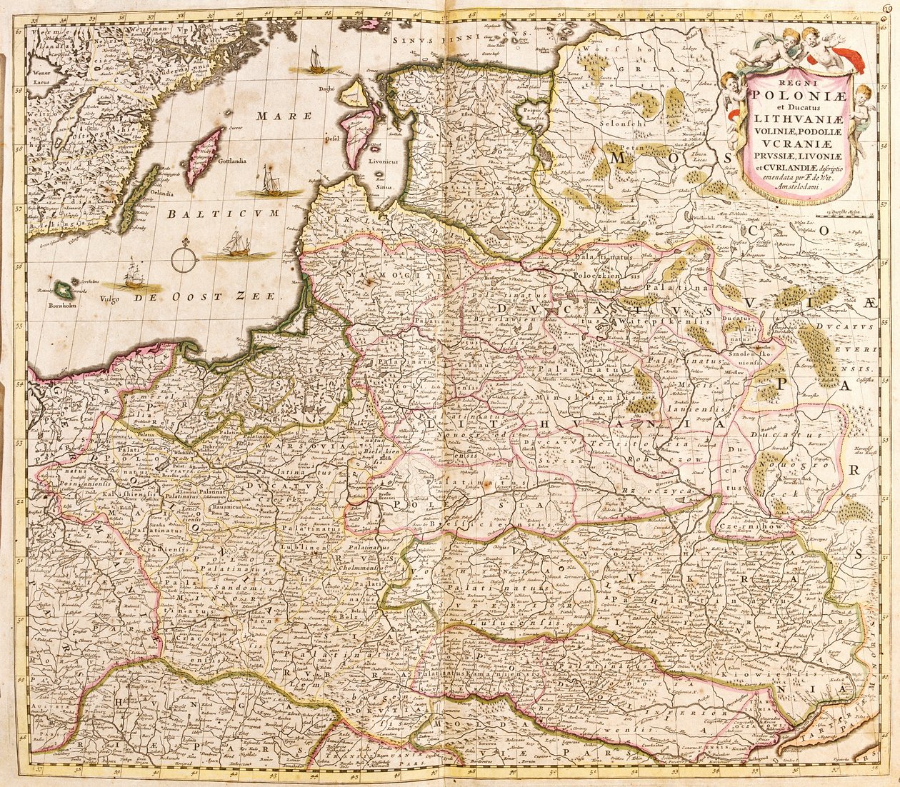 Puolan kuningaskunnan, Liettuan ja Liivinmaan (Latvia) herttuakuntien (Baltian maat) ja Ukrainan kartta (etsaus) tekijältä Frederick de Wit