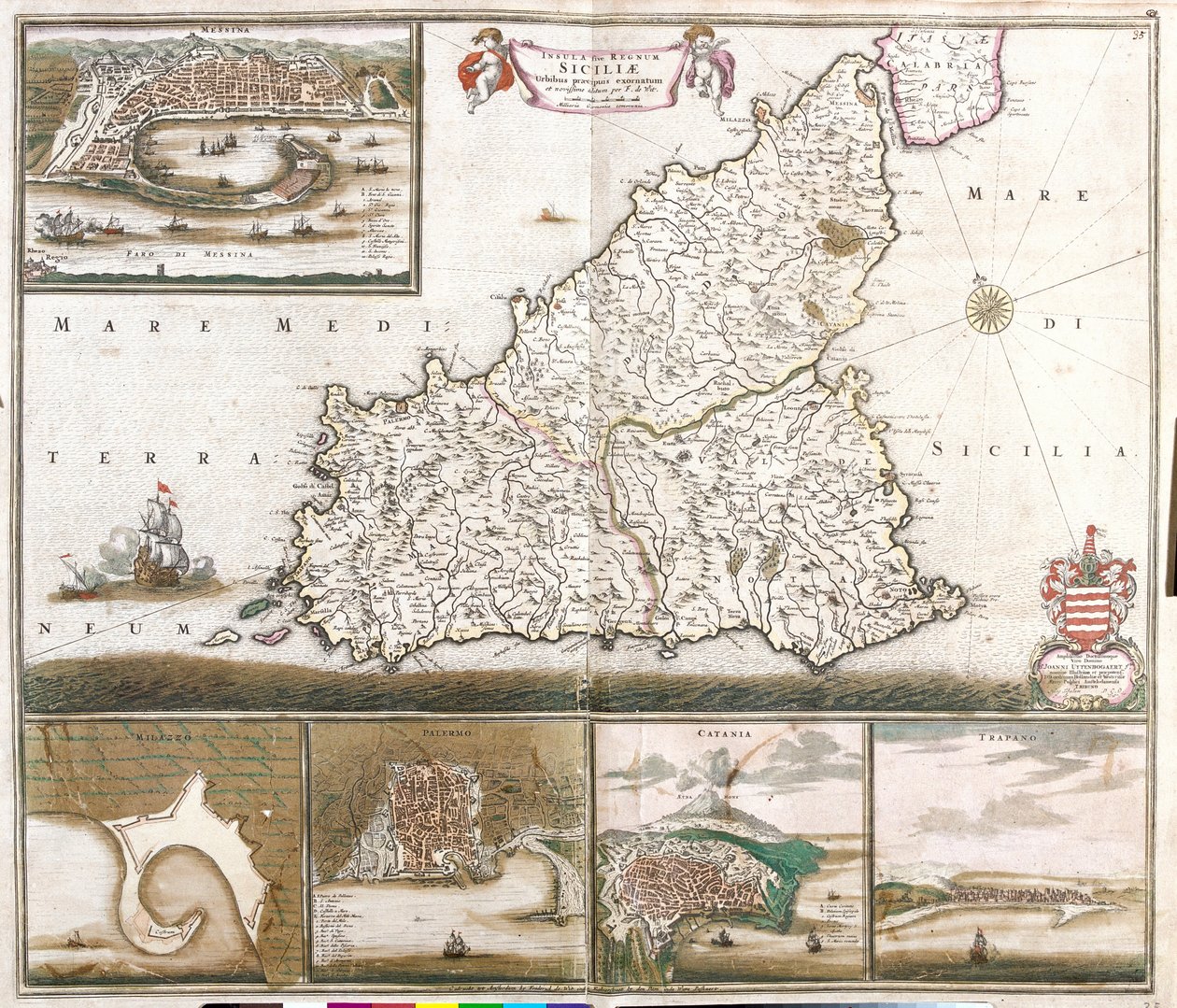 Sisilian kuningaskunnan kartta (Italia), josta on näkymät Messinan, Milazzon, Palermon, Catanian ja Trapanon kaupungeille (etsaus tekijältä Frederick de Wit