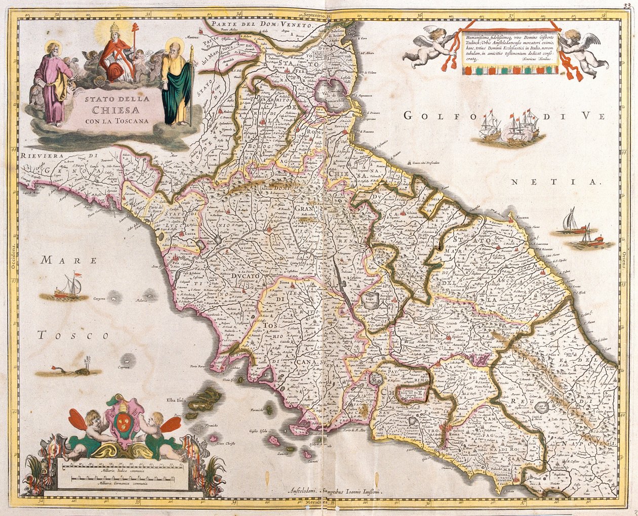 Kartta kirkon osavaltioista Toscanassa (Italia) (etsaus tekijältä Frederick de Wit