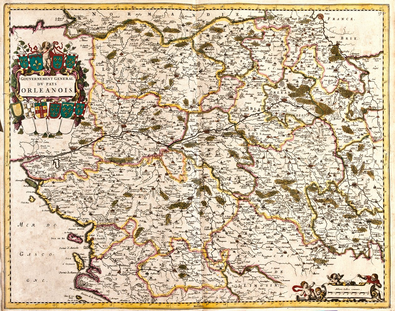 Orleanin maan (Ranska) julkishallinnon kartta (etsaus tekijältä Frederick de Wit