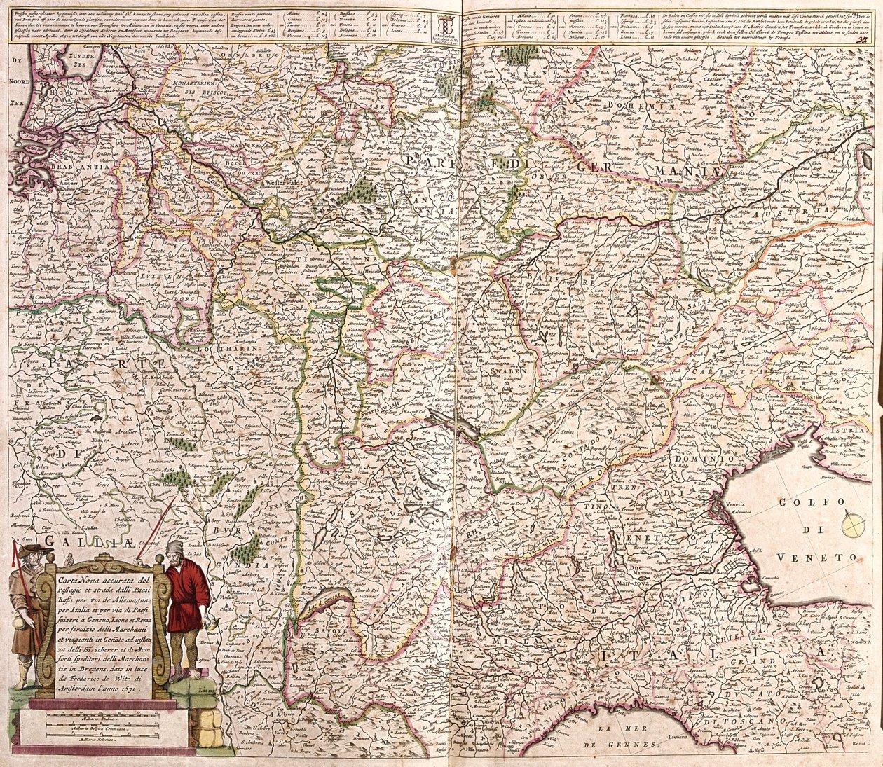Kartta Alppien ketjun alueesta (Ranska, Italia, Saksa) (etsaus tekijältä Frederick de Wit