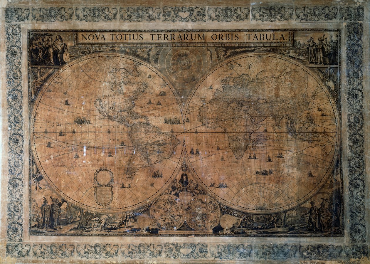Nova Totius Terrarum Orbis Tabula, Frederick de Witin (1629-1630 - 1706) kaksinkertainen pallonpuoliskon maailmankartta, omistettu keisari Joseph I:lle, kuparikaiverrus tekijältä Frederick de Wit