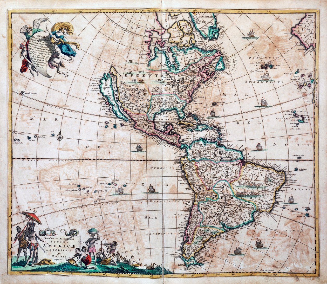 Viimeisin ja tarkin kuvaus Amerikasta, Amerikan ja Tyynenmeren kartta Frederik de Wit (1629 tai 1630-1706), Amsterdam tekijältä Frederick de Wit