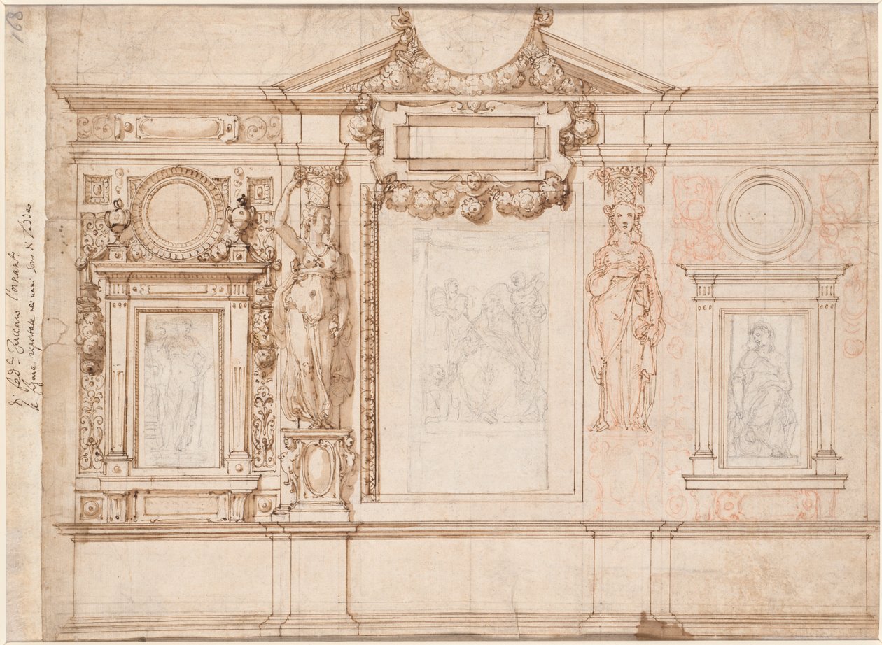 Suunnittelu seinäkoristeelle, jossa on liimattuja luonnoksia Raphael verso, c. 1580-90 luvut. tekijältä Frederico Zuccaro