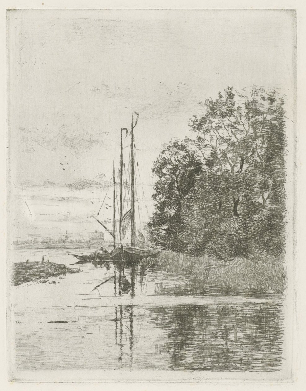 Näkymä joelle kahdella laivalla ja proomulla. tekijältä Fredericus Jacobus van Rossum du Chattel (signed by artist)