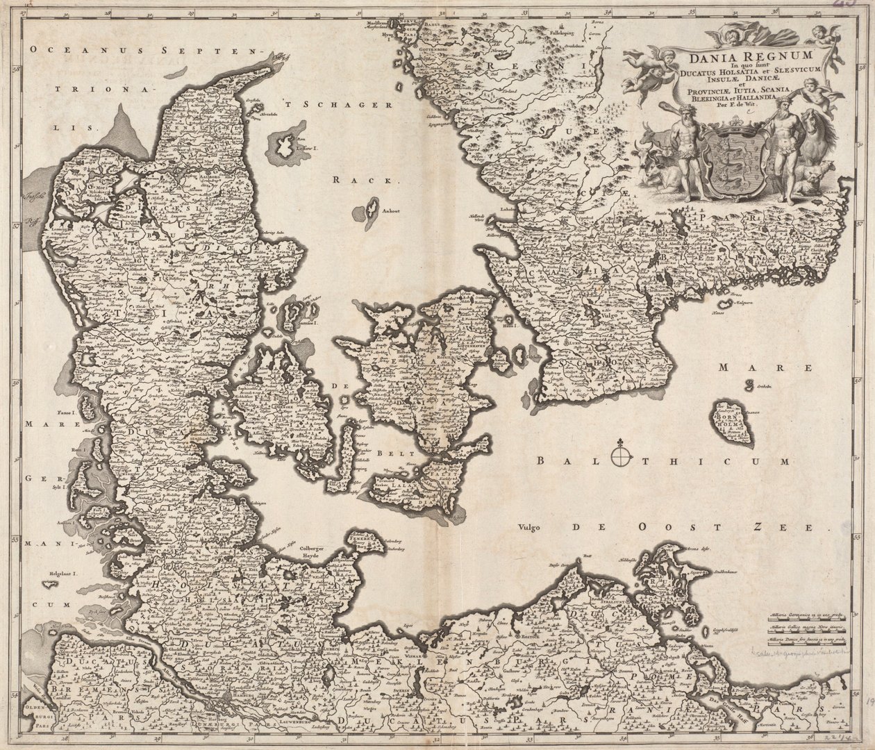 Dania regnum in quo sunt Ducatus Holsatia et Slesvicum Insulae Danicae et Provinciae Iutia, Scania, Blekingia et Hallandia tekijältä Frederick de Wit
