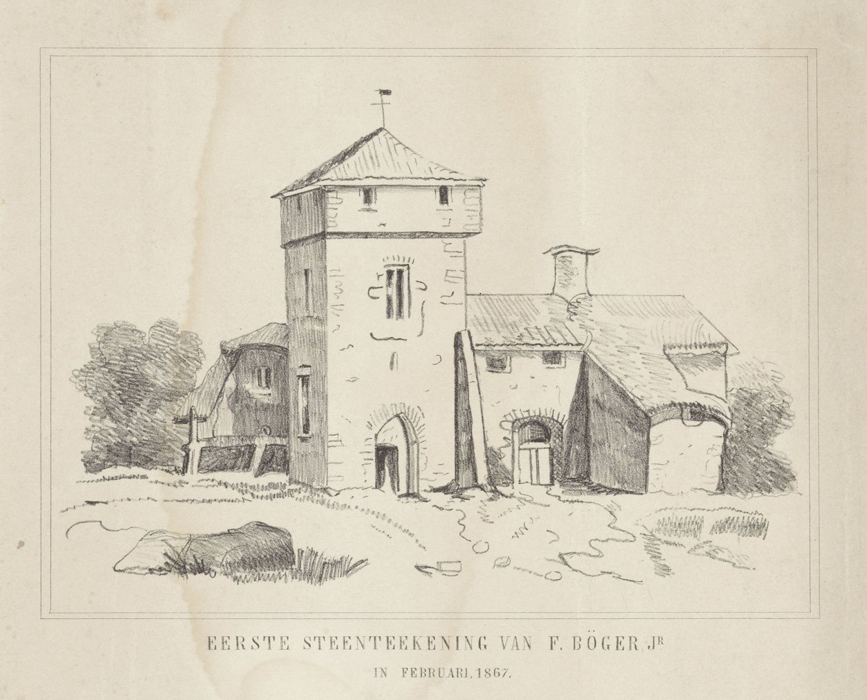 Maanviljelijän kotitila Ensimmäinen kivipiirros F. Börger Jr. (otsikko esineessä) tekijältä Frederik Böger