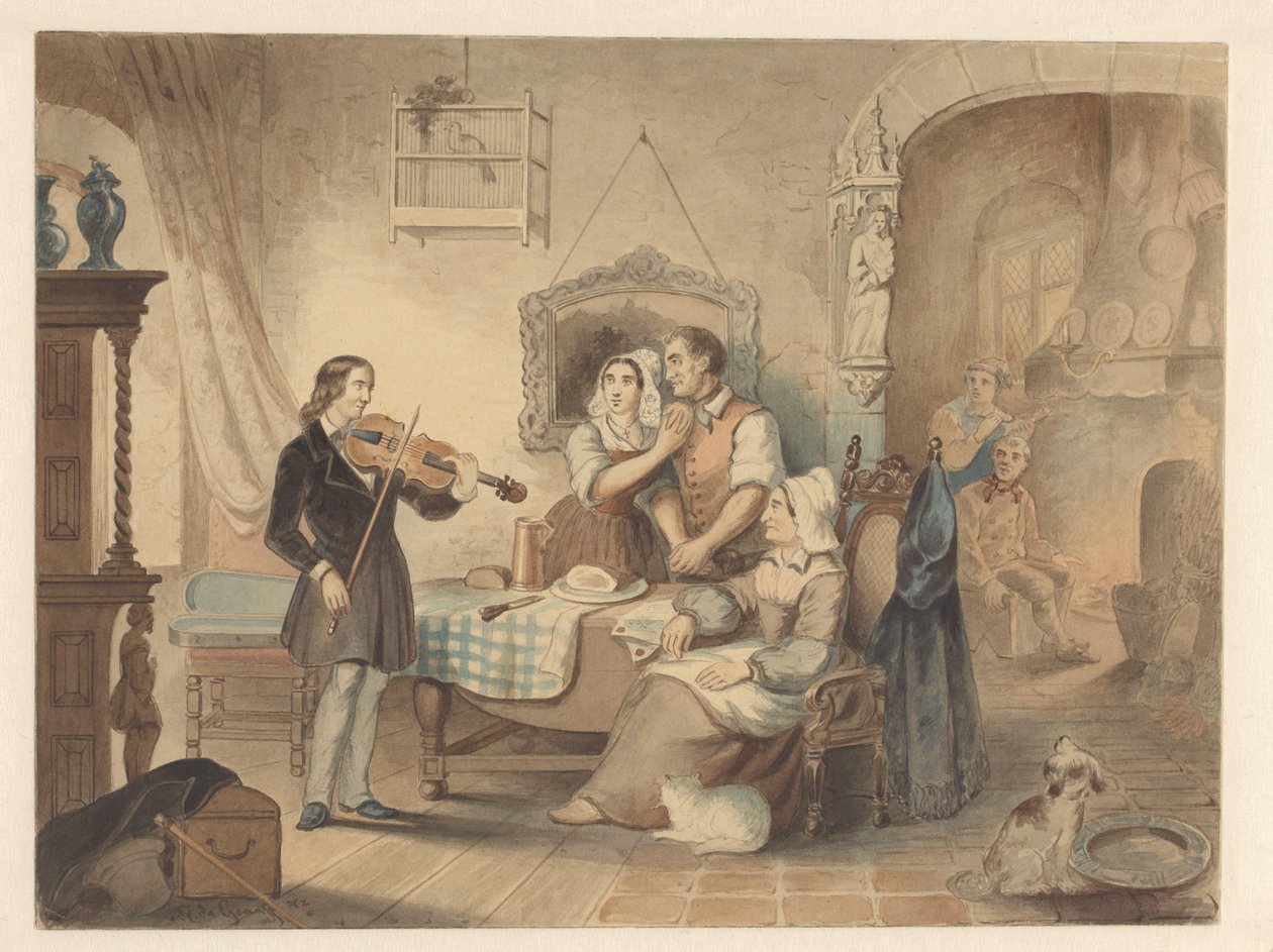 Charles Auguste de Bériot soittaa viulua yrityksessä tekijältä Frederik Carel de Graaff (signed by artist)