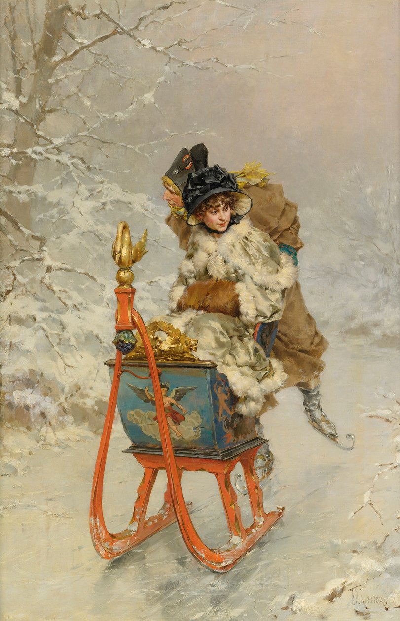 ""La promenade en luge"" (Rekiajelu) Frederik Hendrik Kaemmererin (1839-1902) kuva - Öljy kankaalle, 59,9x40,1 - Yksityiskokoelma tekijältä Frederik Hendrik Kaemmerer