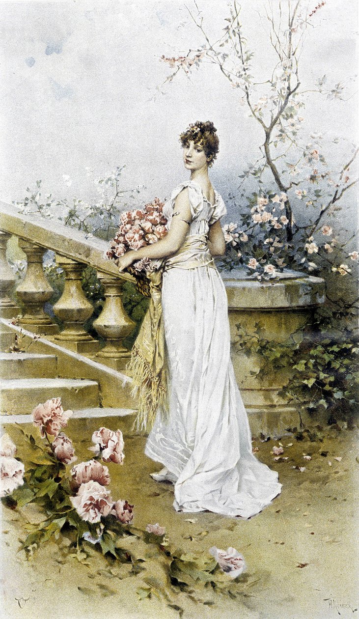 Nainen - alkukesän allegoria, kalenteri kuvittanut Hubert Dys, maalannut F.H. Kaemmerer tekijältä Frederik Hendrik Kaemmerer