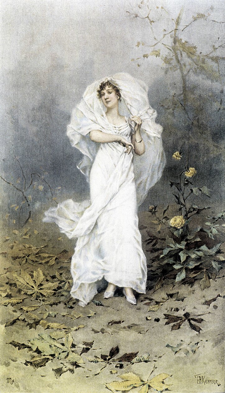 Nainen metsässä - Syksyn allegoria, kalenterin kuvittaja Hubert Dys, maalannut F.H. Kaemmerer tekijältä Frederik Hendrik Kaemmerer