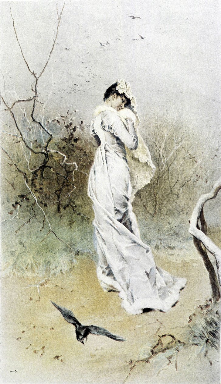 Nainen metsässä - allegoria alkutalvesta, kalenteri kuvittanut Hubert Dys, maalannut F.H. Kaemmerer tekijältä Frederik Hendrik Kaemmerer