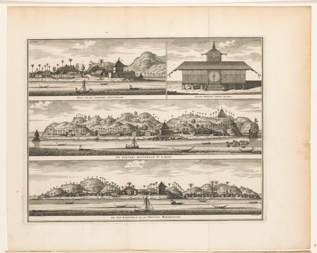 Kolme linnoitusta Ambonilla Hila ja Fortres Amsterdam / Hilan uusi maurilainen temppeli / Fortres Rotterdam Larikella / De Pas Baguwala ja Vesting Middelburg (otsikko esineessä) tekijältä Frederik Ottens
