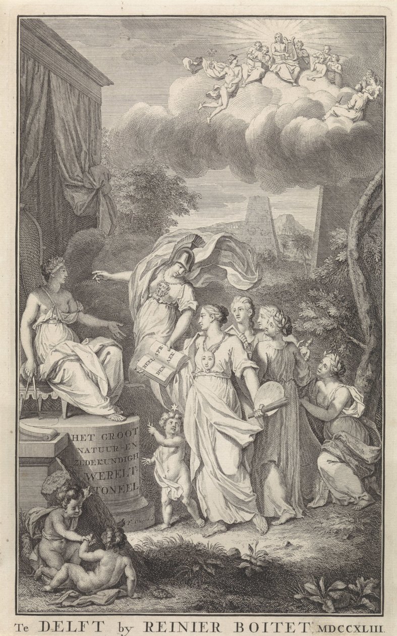 Minerva ja taiteet valtaistuimelle nousseelle hahmolle Nimisivu: The Groot Natuur-en Zedekundigh Wereldtoneel, Delft, R. Boitet, 1743 tekijältä Frederik Ottens