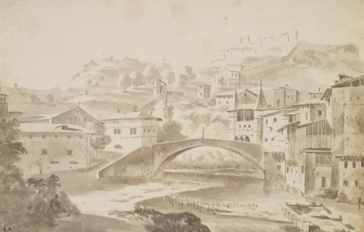 Wien, lähellä Lyonia. Pont Saint-Martin yli tulvan Géren. TV. Saint-Martinin luostari, t.h. Porte de la Rochette ja Pipetin slotti tekijältä Frederik de Moucheron