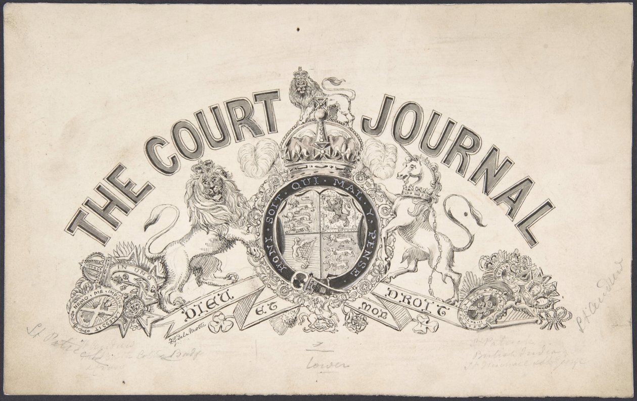 Otsikkosivun suunnittelu The Court Journalille, 1830-62. tekijältä Freeman Gage Delamotte