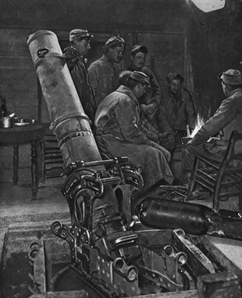 Ranskalainen kranaatinheitin talviluolassa, kuvitus The Illustrated War Newsista, 7. maaliskuuta 1917 tekijältä French Photographer