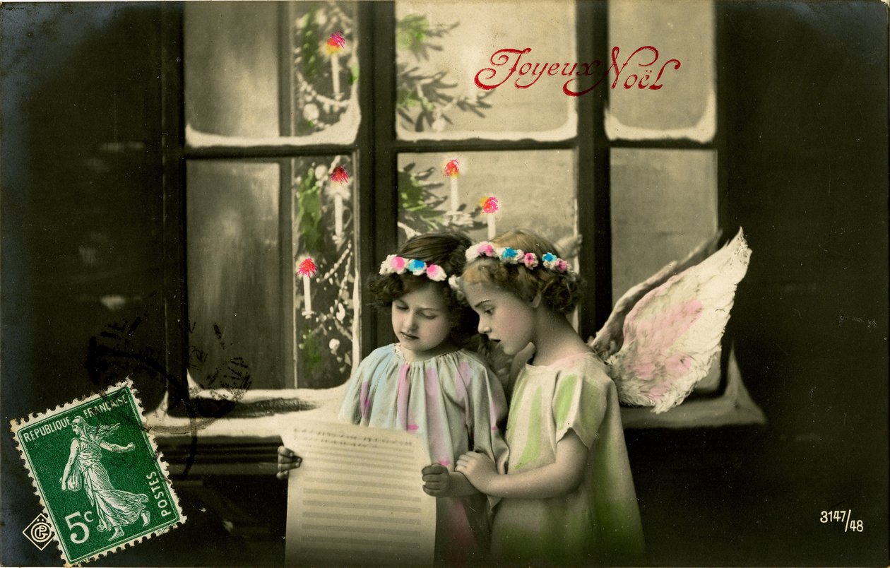 Angelic Girls, ranskalainen joulukortti (värisävytetty kuva) tekijältä French Photographer