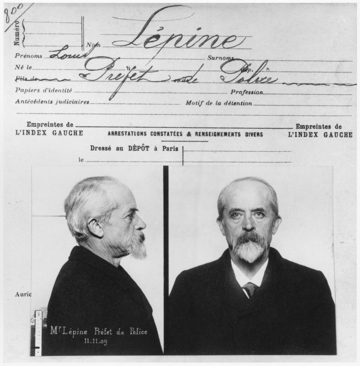 Antropometrinen poliisitietue Louis Jean-Baptiste Lepinen, Prefet de Police, 11. marraskuuta 1909 tekijältä French Photographer