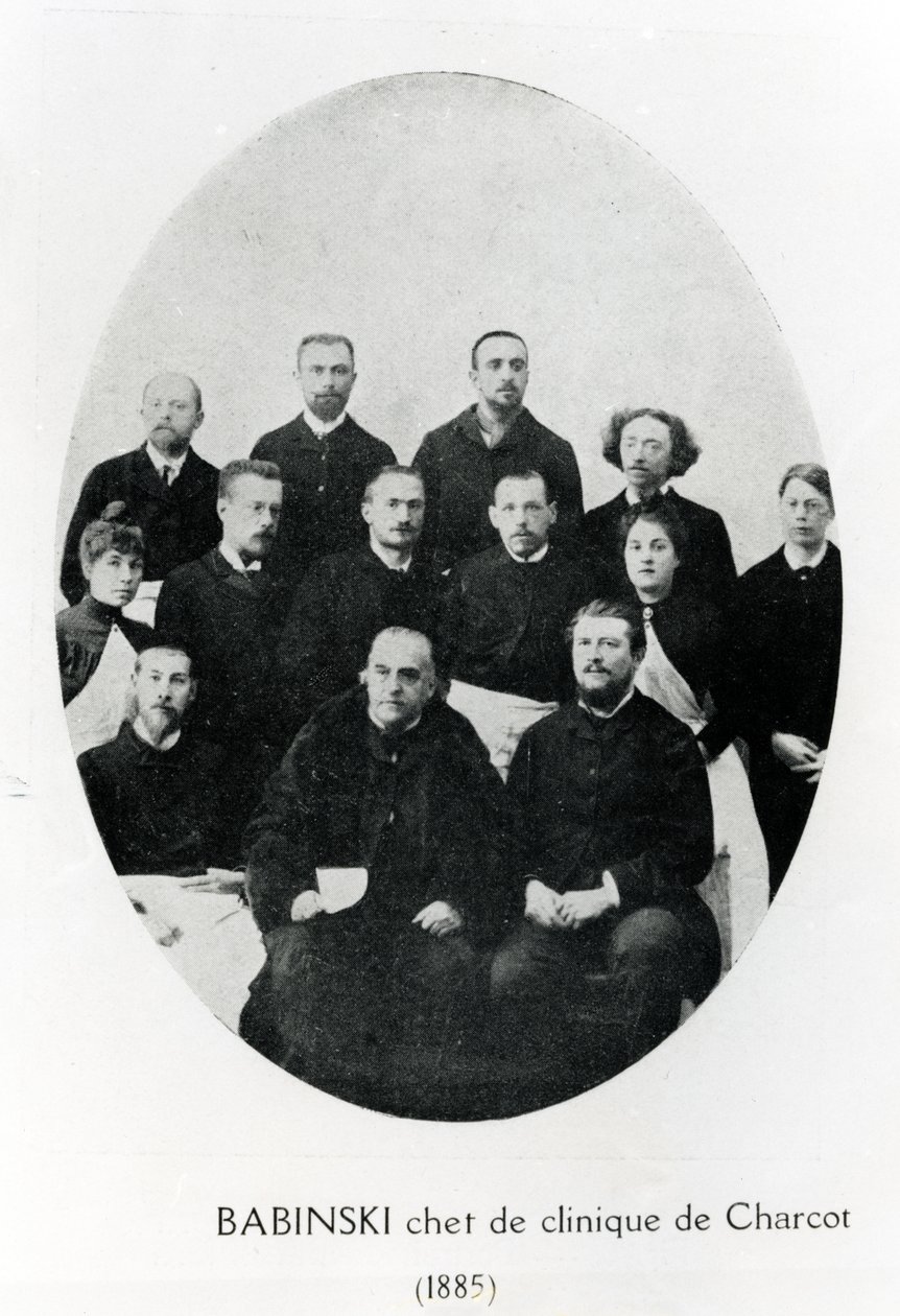 Charcot chef de cliniquen, Babinskin ja ryhmän harjoittelijoiden ja lääkäreiden kanssa Salpetrièren sairaalassa Pariisissa, 1885 tekijältä French Photographer