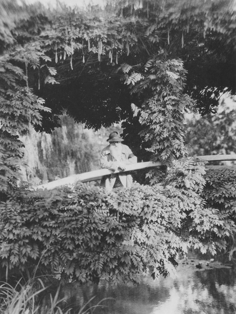 Claude Monet (1841-1926) japanilaisella sillalla puutarhassaan Givernyssä tekijältä French Photographer