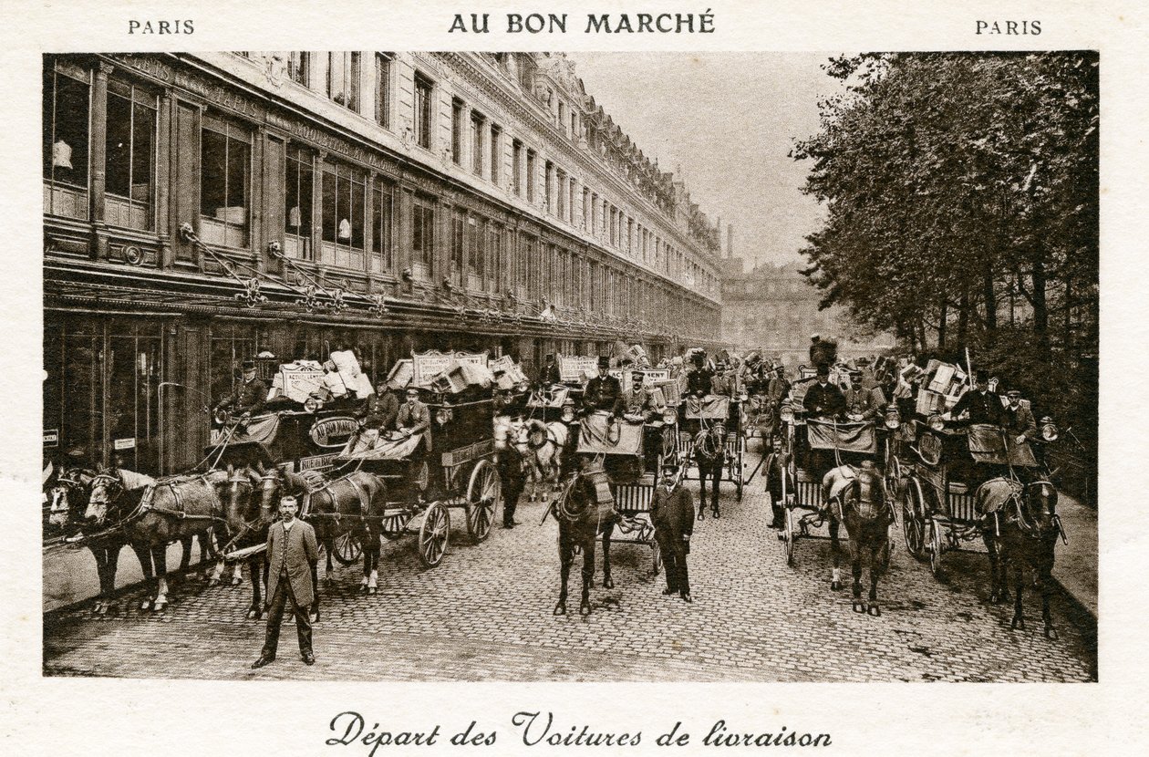 Jakeluautojen lähtö Bon Marché -tavaratalosta, Pariisi, noin 1890. tekijältä French Photographer