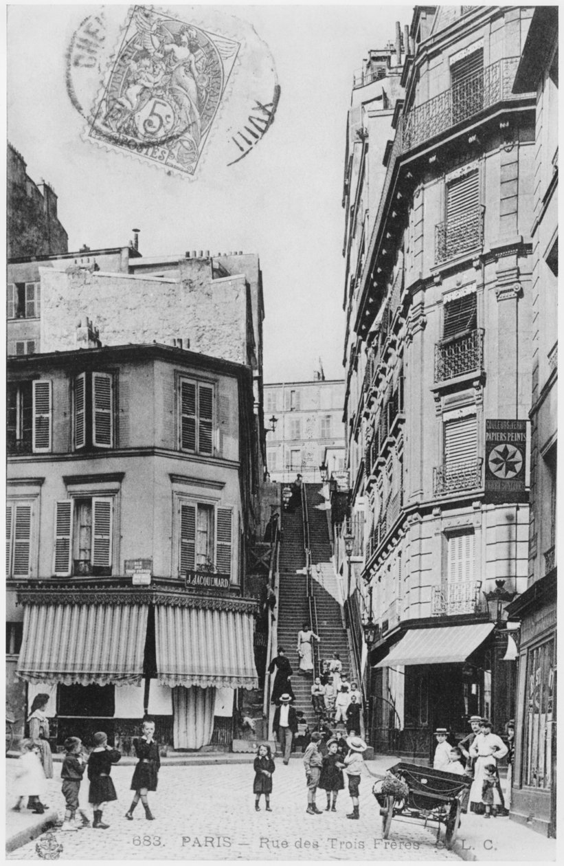 Postikortti, joka kuvaa Rue des Trois Freresiä Pariisissa, noin 1900 tekijältä French Photographer