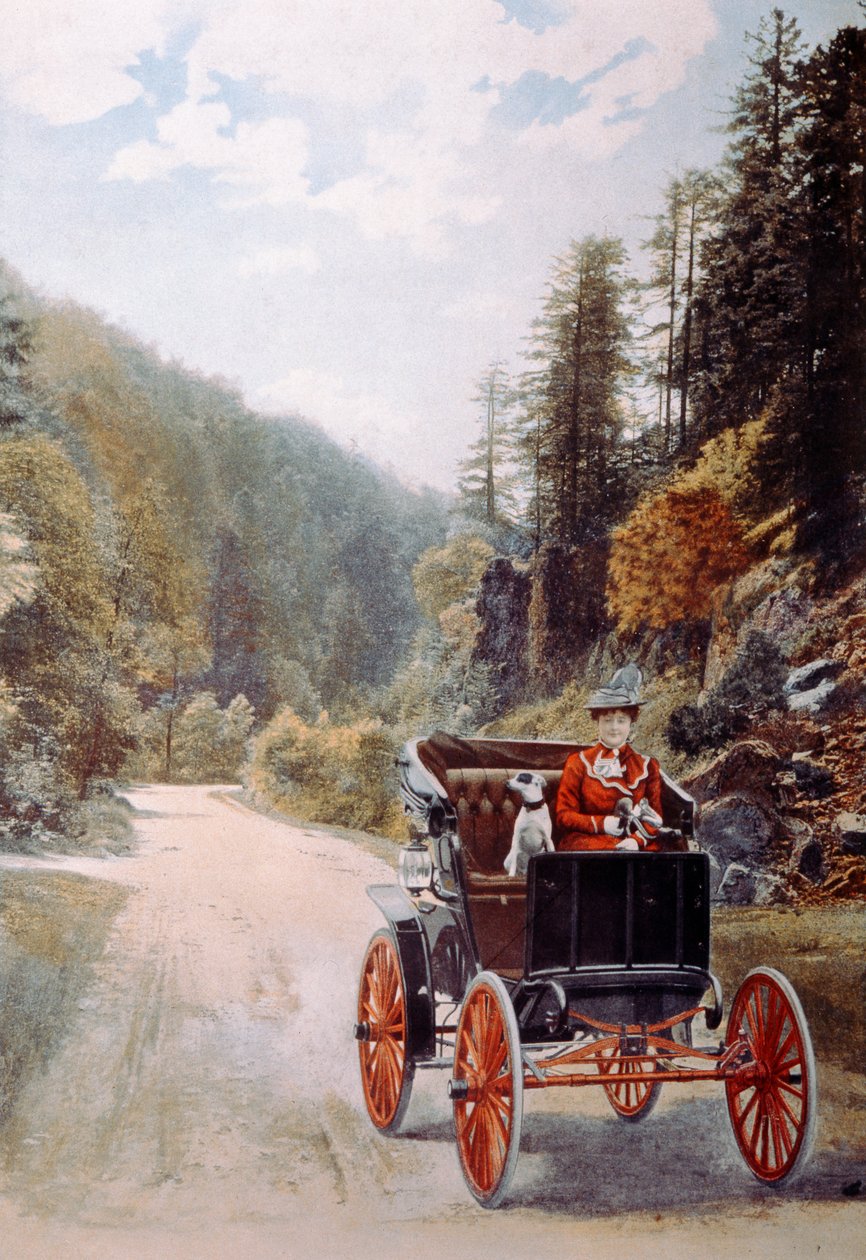 Postikortti, jossa on hymyilevä naiskuljettaja istumassa koiran kanssa varhaisessa autossa, n. 1910 tekijältä French Photographer
