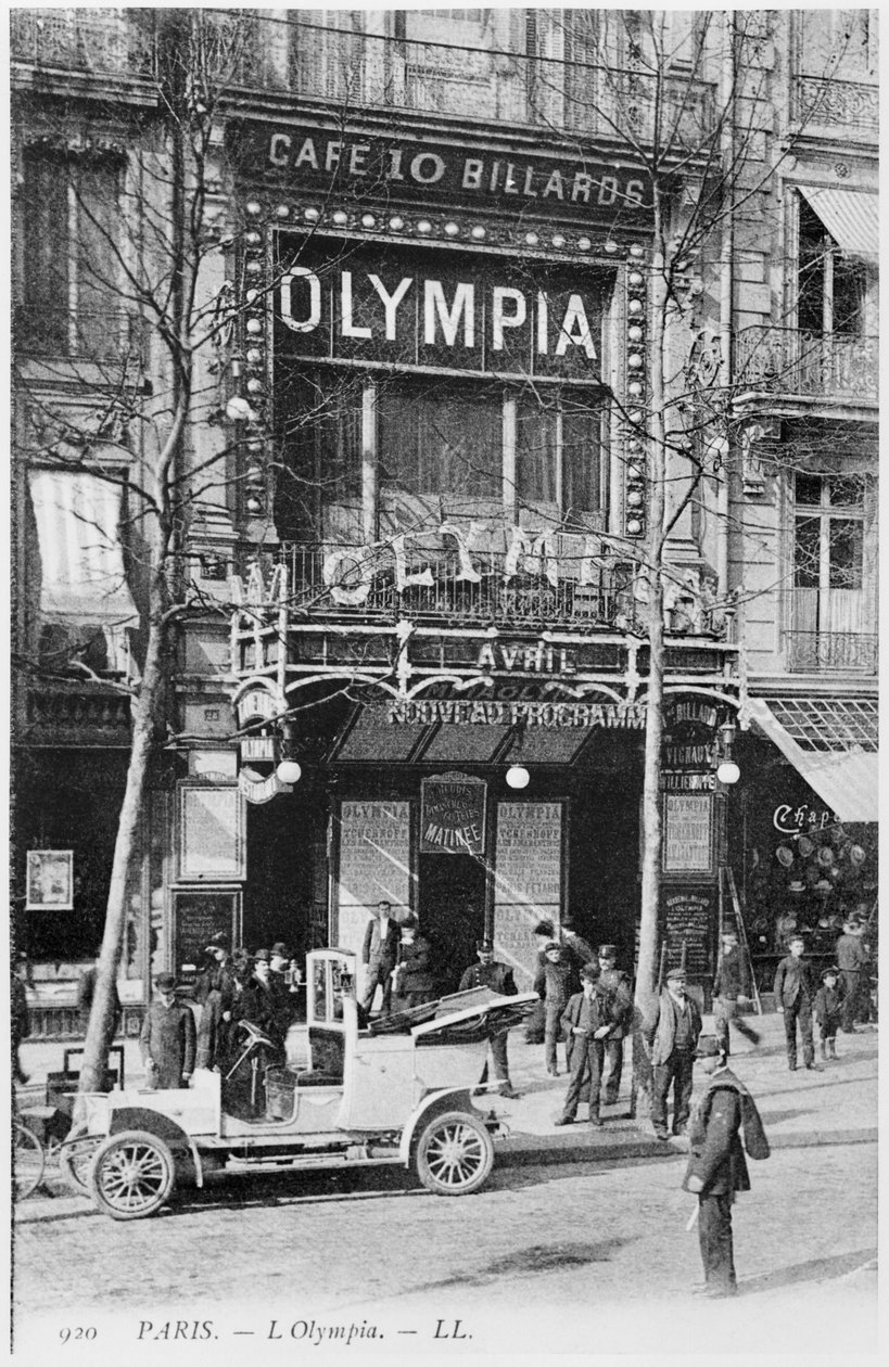Postikortti, joka kuvaa musiikkitaloa Olympia, 28 Boulevard des Capucines, Pariisi, 1900-luvun alku tekijältä French Photographer