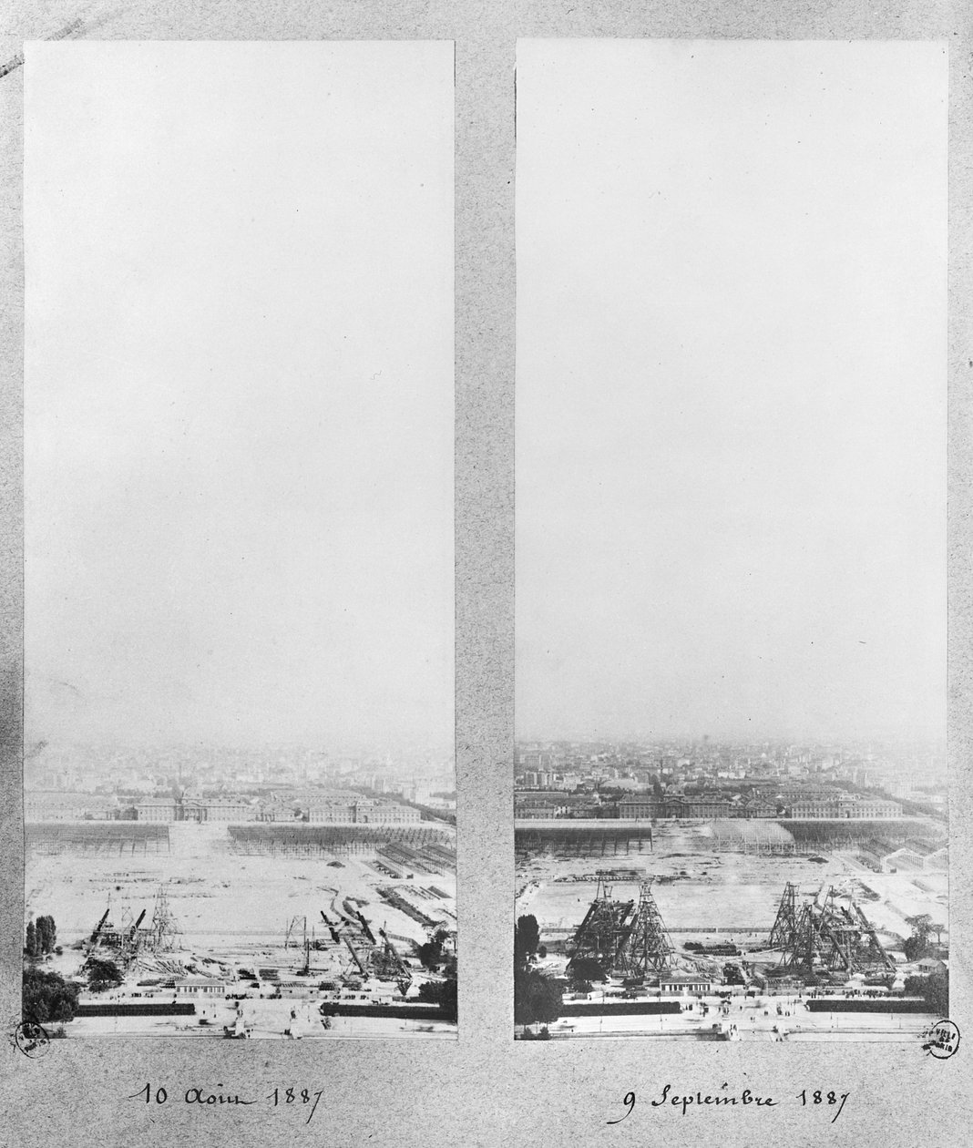 Kaksi näkymää Eiffel-tornin rakentamisesta, Pariisi, 10. elokuuta ja 9. syyskuuta 1887 tekijältä French Photographer