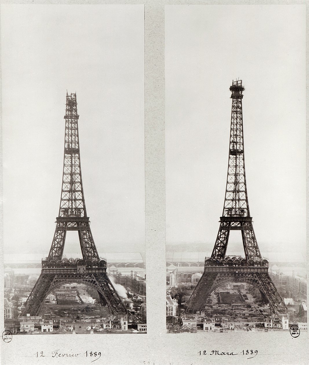 Kaksi näkymää Eiffel-tornin rakentamisesta, Pariisi, 12. helmikuuta ja 12. maaliskuuta 1889 tekijältä French Photographer