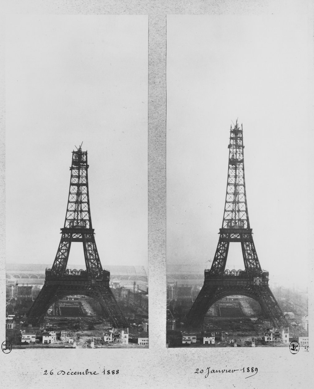 Kaksi näkymää Eiffel-tornin rakentamisesta, Pariisi, 26. joulukuuta 1888 ja 20. tammikuuta 1889 tekijältä French Photographer