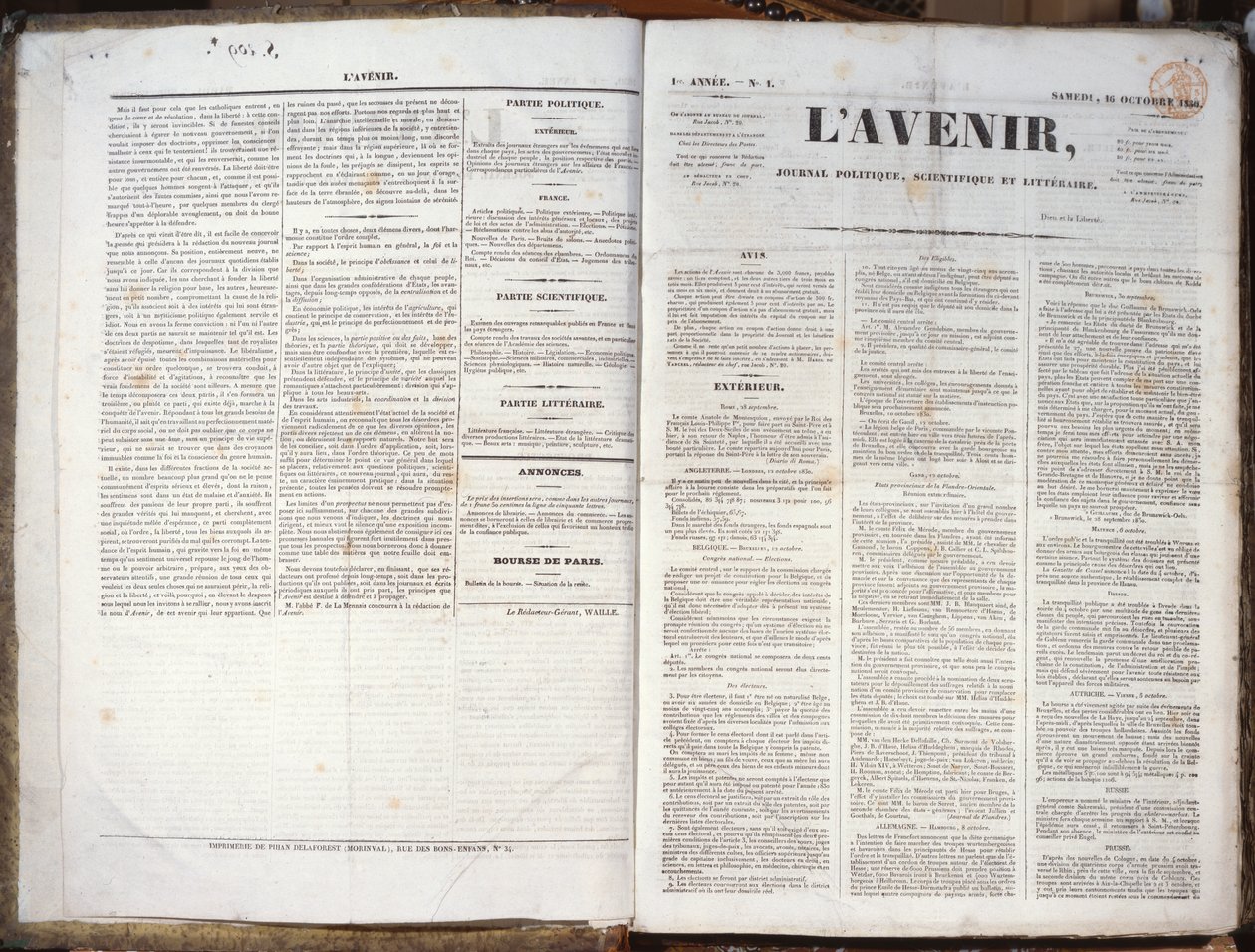 LAvenir-lehden 1. numero, 16. marraskuuta 1830 (painettu paperi) tekijältä French School