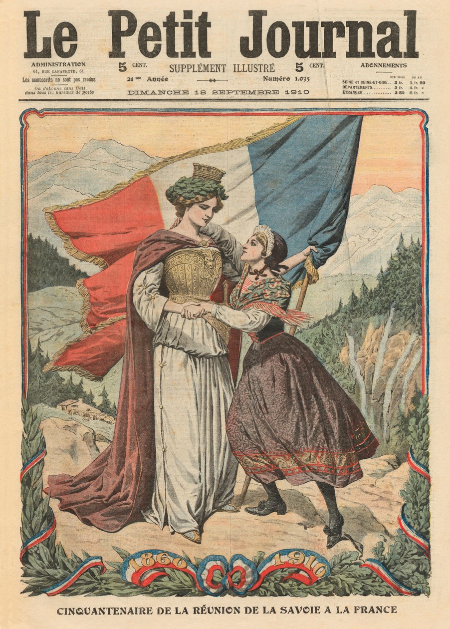 Savoijin Ranskaan liittämisen 50. vuosipäivä, kuvitus Le Petit Journalin kuvaliitteestä, 18. syyskuuta 1910. tekijältä French School