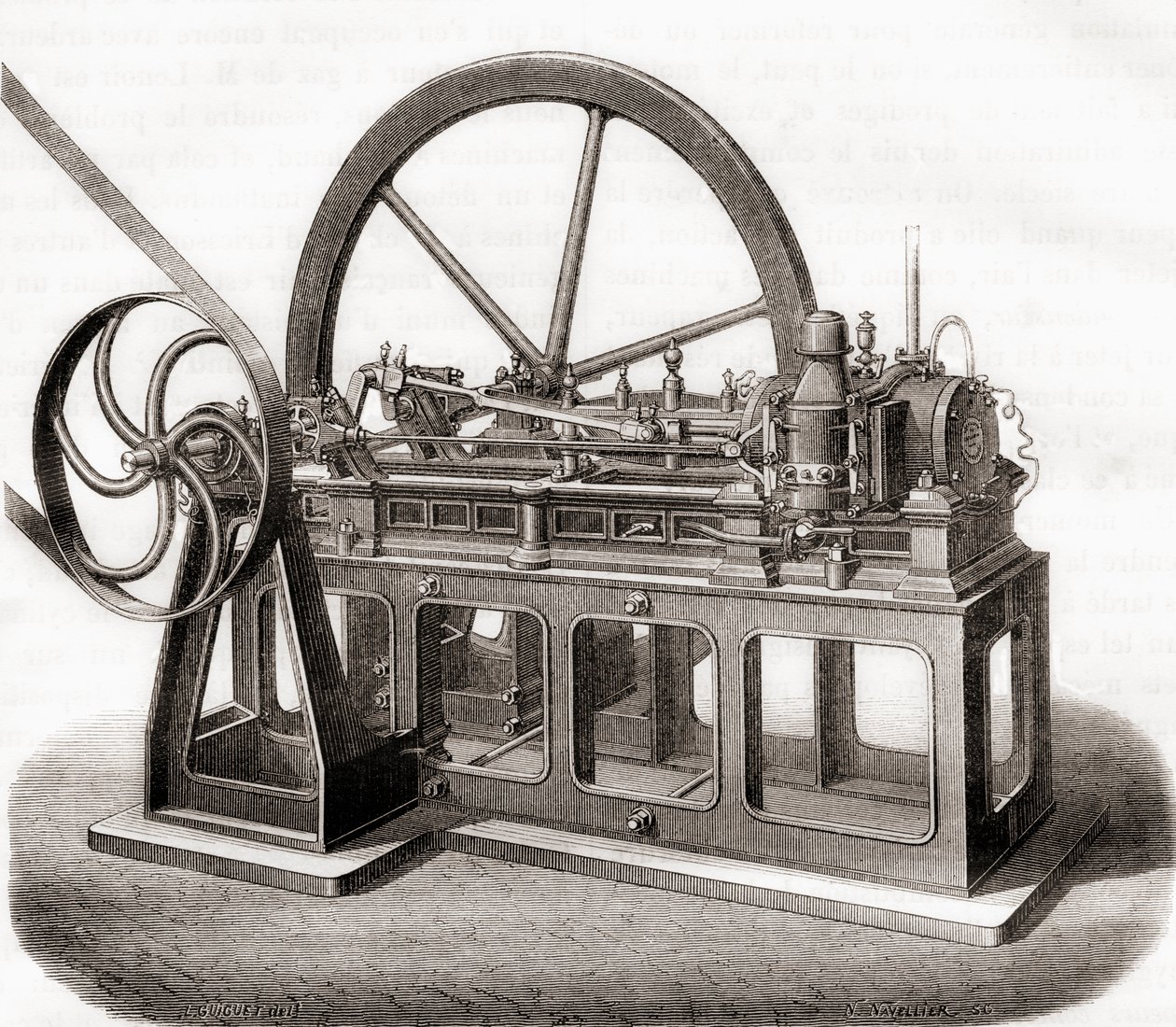 1800-luvun kaasukäyttöinen moottori, Les Merveilles de la Science, julkaistu noin 1870 tekijältä French School