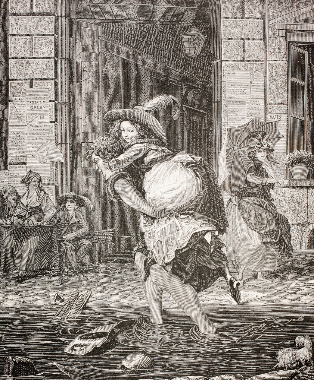 Kuljettaja kuljettamassa naista kadun toiselle sateisena päivänä 1700-luvun Pariisissa, 1875 tekijältä French School