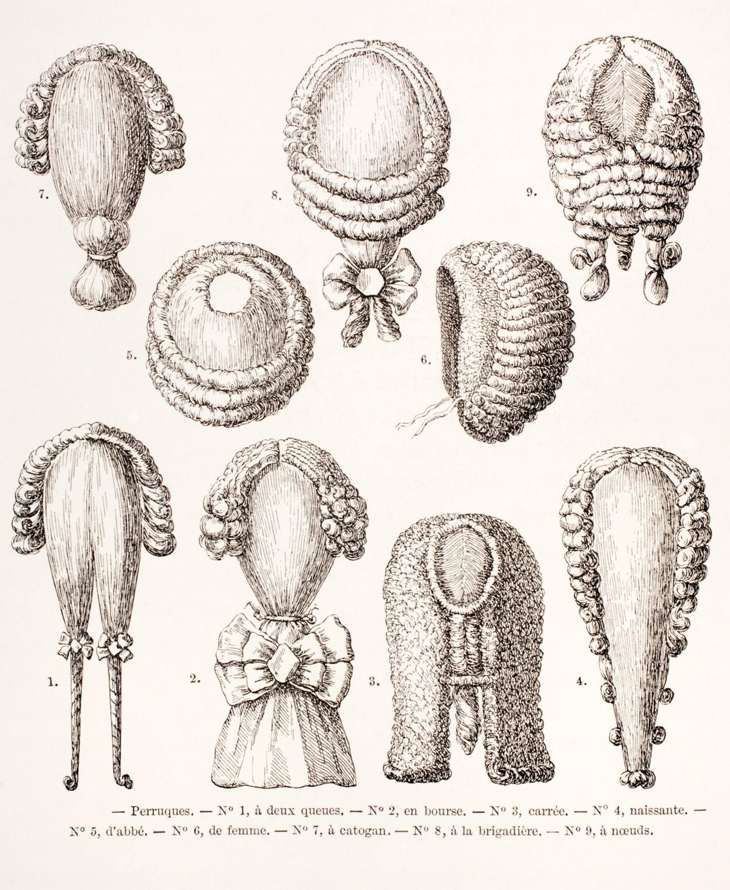 Kokoelma miesten ja naisten 1700-luvun peruukkeja, 1875 tekijältä French School