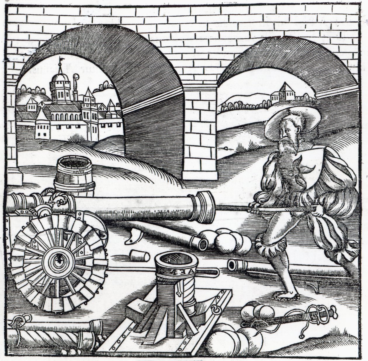 Mies lataamassa tykkiä, Publius Flavius Vegetius Renatuksen (fl.390) De re Militarin kuvitus, paina Christian Wechel, Pariisi, 1532 tekijältä French School