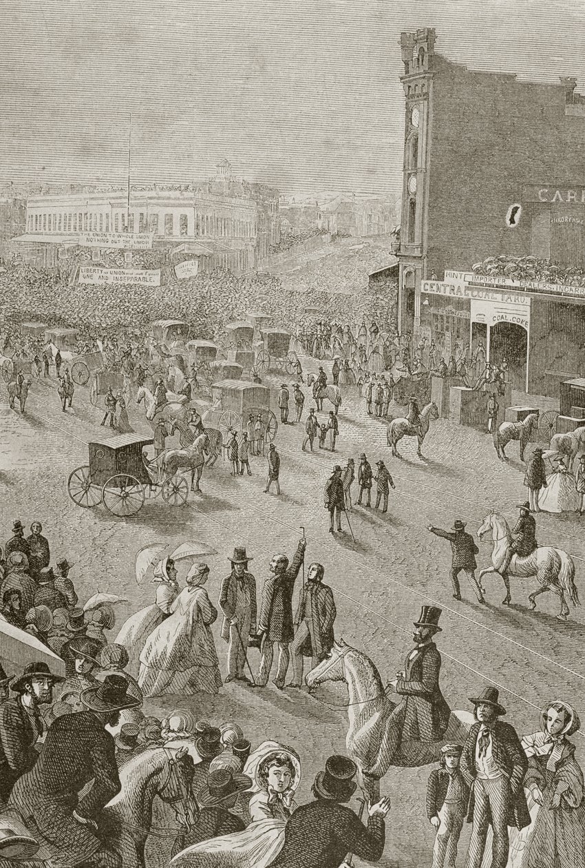 Katukokous 1850-luvulla San Franciscossa, Le Tour du Mondesta, julkaistu Pariisissa 1860-luvulla tekijältä French School