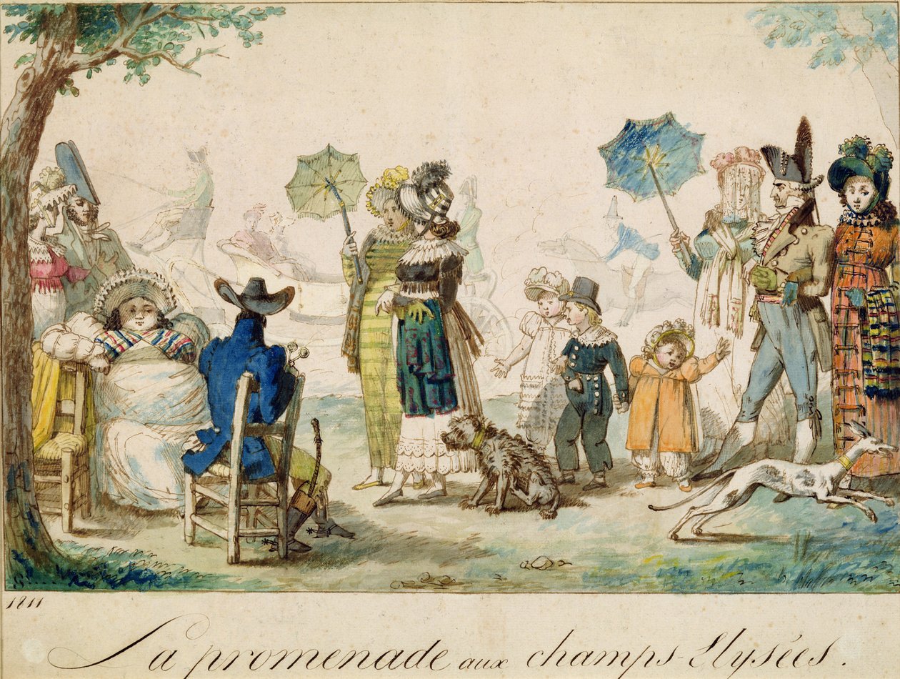 Walk in the Champ Elysees, 1811 (kynä, muste ja wc paperilla) tekijältä French School