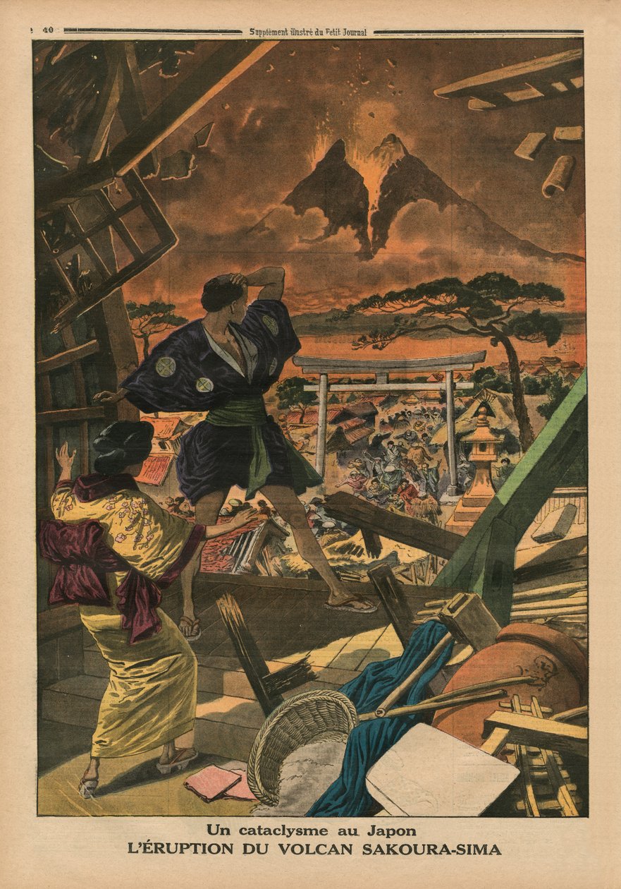 Kataklysmi Japanissa, Sakura-jima-tulivuoren purkaus, takakannen kuva Le Petit Journalista, liitekuva, 1. helmikuuta 1914 tekijältä French School