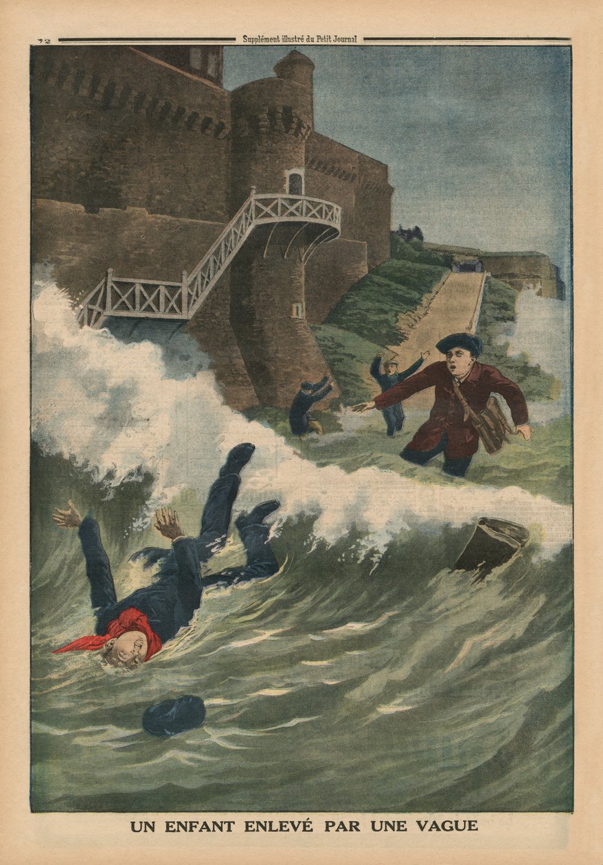 Aallon viemä lapsi, Saint-Malo, takakannen kuva Le Petit Journalista, liitekuva, 1. maaliskuuta 1914 tekijältä French School