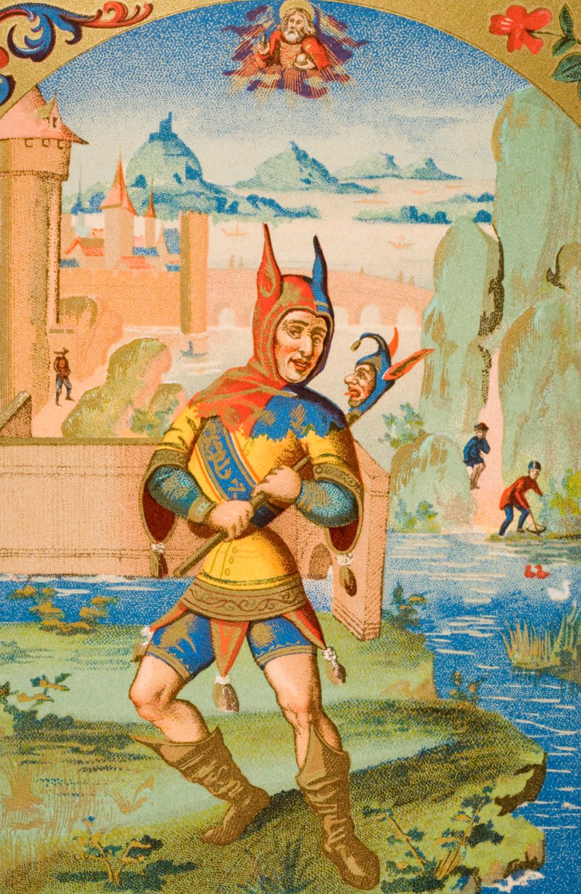 Hovihullu, jäljennös 1400-luvun käsikirjoituksen pienoismallista Paul Lacroixin (1806-84) Le Moyen Age et La Renaissance -teoksesta, julkaistu 1847 tekijältä French School